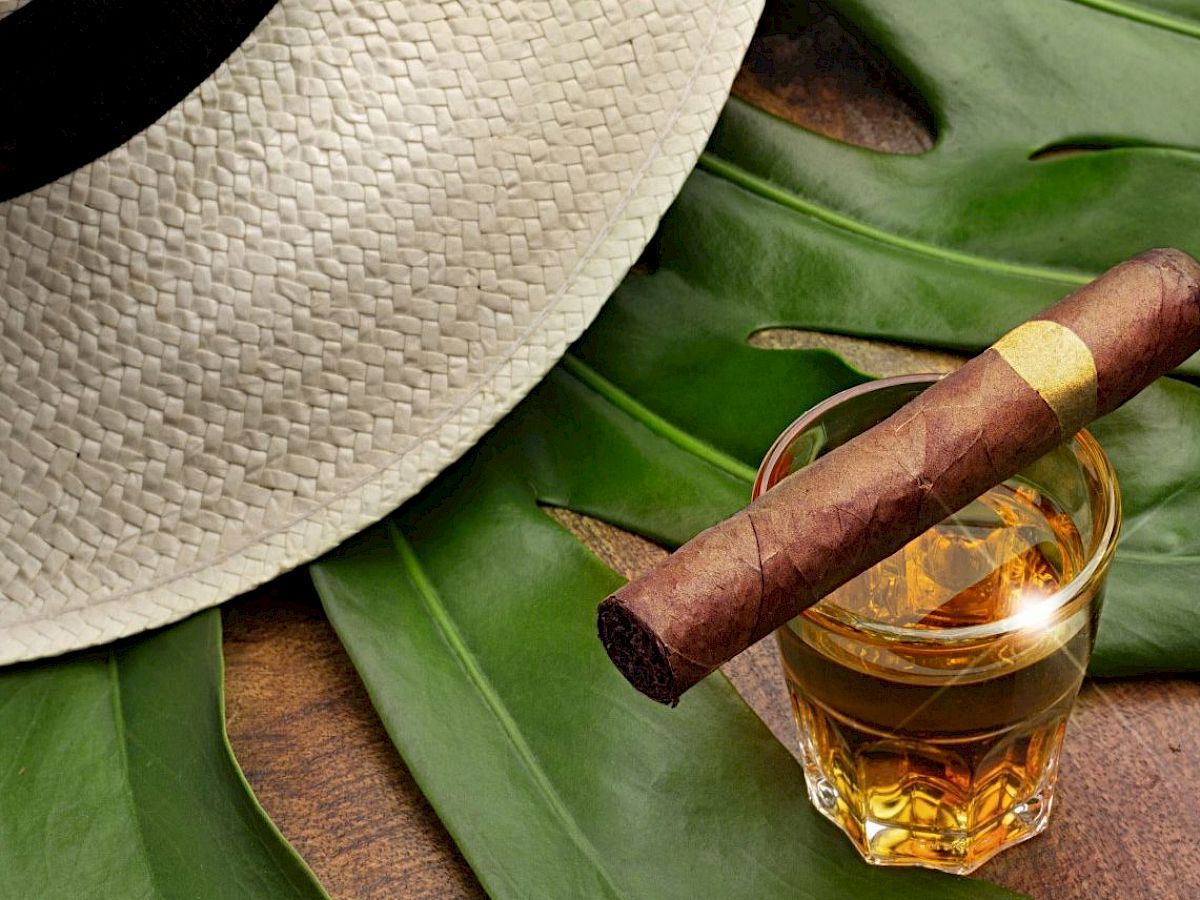 A white hat, a cigar, and a glass of whiskey on a large green leaf.