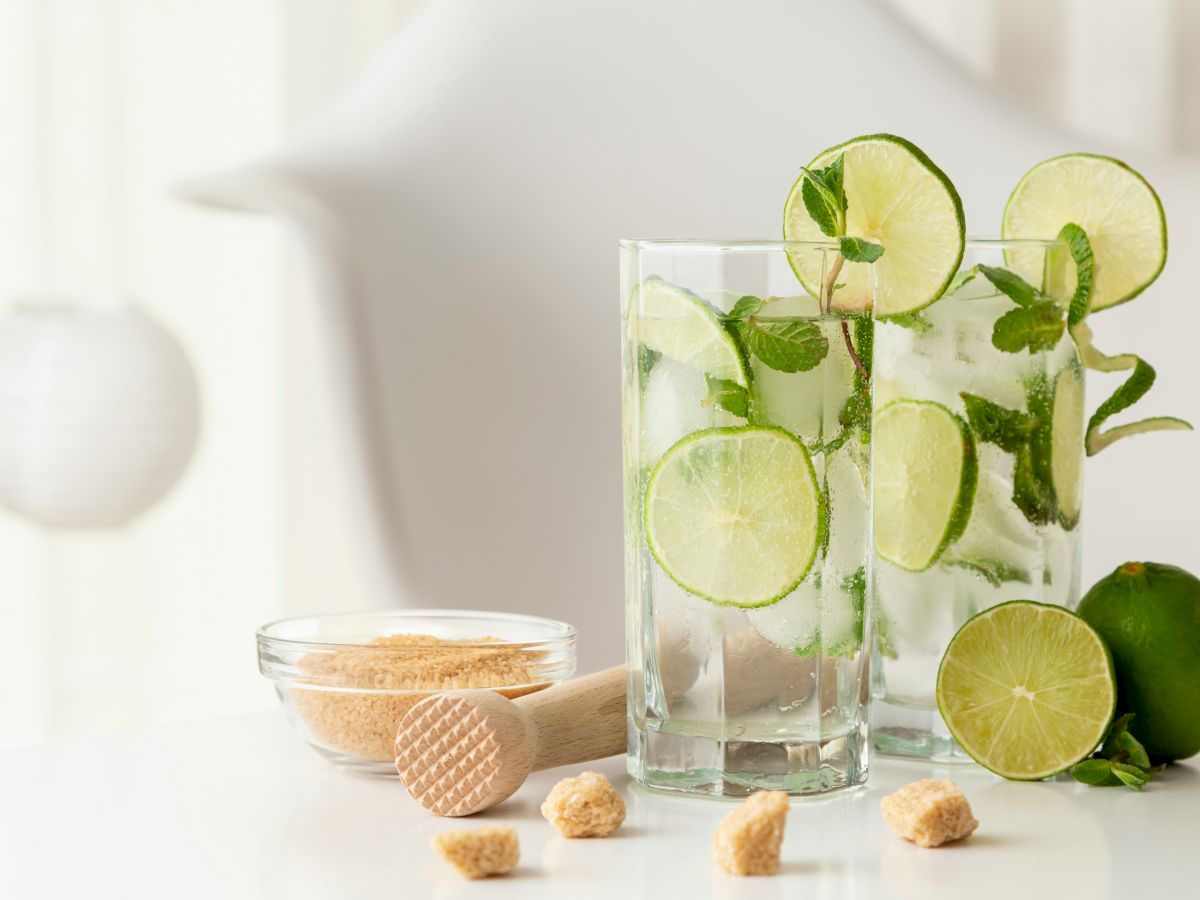 Two glasses with lime slices, mint, and ice beside lime halves, brown sugar, and a muddler on a white table.